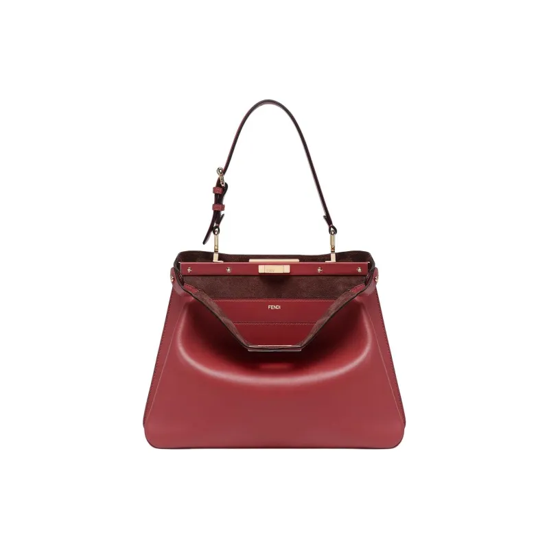 FENDI Peekaboo Calfskin Handbag Shoulder Bag Medium Size Women's Red-0