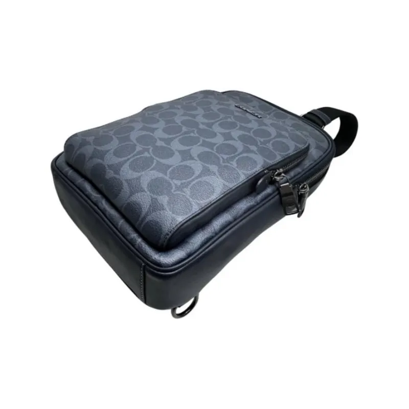 COACH ETHAN Iconic Denim With Smooth Calfskin One Shoulder Crossbody Sling Bags Small Size Men's Bronze & Midnight Navy-4