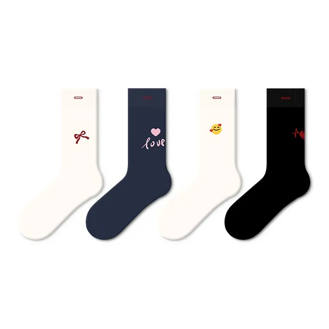 JKN Mid Calf Socks Ins Trendy Cartoon Cute Button Couple Socks Women's 4 Pack, Women's Socks-3