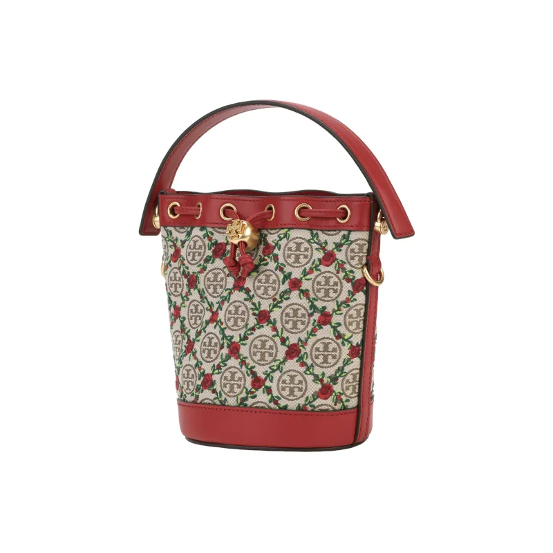 TORY BURCH T Monogram Embroidery Canvas Bucket Bag, Crossbody Handbag Mini Women's Hazelnut Brown/Red-2