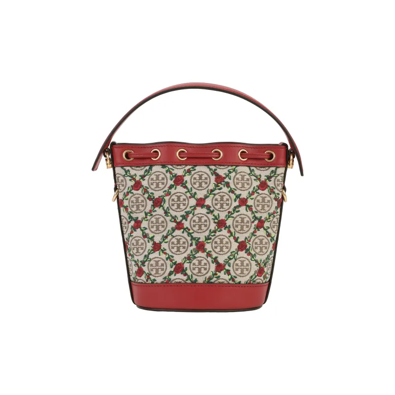 TORY BURCH T Monogram Embroidery Canvas Bucket Bag, Crossbody Handbag Mini Women's Hazelnut Brown/Red-6