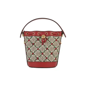 TORY BURCH T Monogram Embroidery Canvas Bucket Bag, Crossbody Handbag Mini Women's Hazelnut Brown/Red