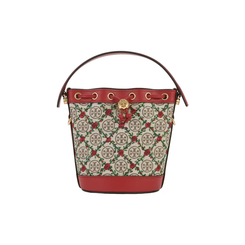 TORY BURCH T Monogram Embroidery Canvas Bucket Bag, Crossbody Handbag Mini Women's Hazelnut Brown/Red-0