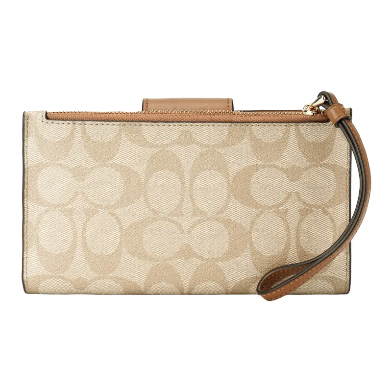 COACH Tech Wallet Coated Canvas With Smooth Leather Clutches Card Holder Wallet Small Size Women's Khaki & Saddle-6