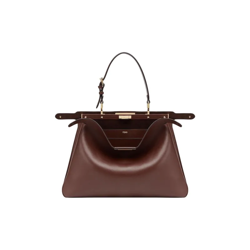 FENDI Peekaboo Calfskin Handbag, Shoulder Bag Large Size Women's Dark Brown-2