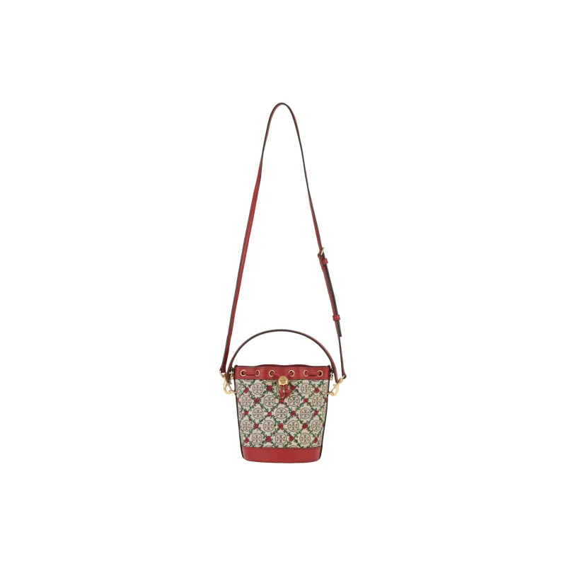 TORY BURCH T Monogram Embroidery Canvas Bucket Bag, Crossbody Handbag Mini Women's Hazelnut Brown/Red-1