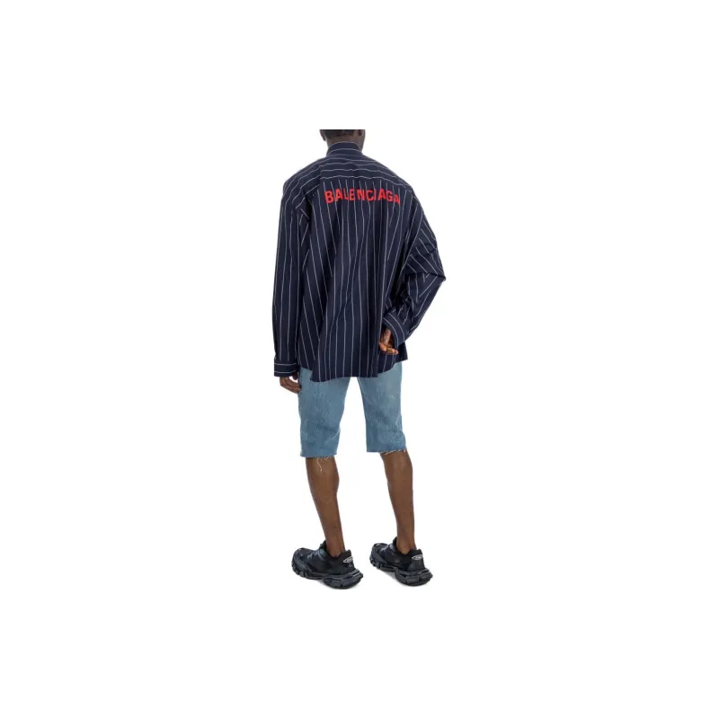Balenciaga Logo Embroidered Striped Oversize Shirt-5