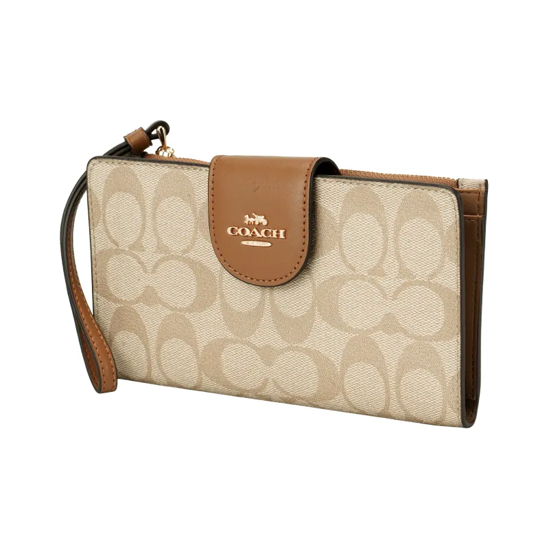 COACH Tech Wallet Coated Canvas With Smooth Leather Clutches Card Holder Wallet Small Size Women's Khaki & Saddle-5