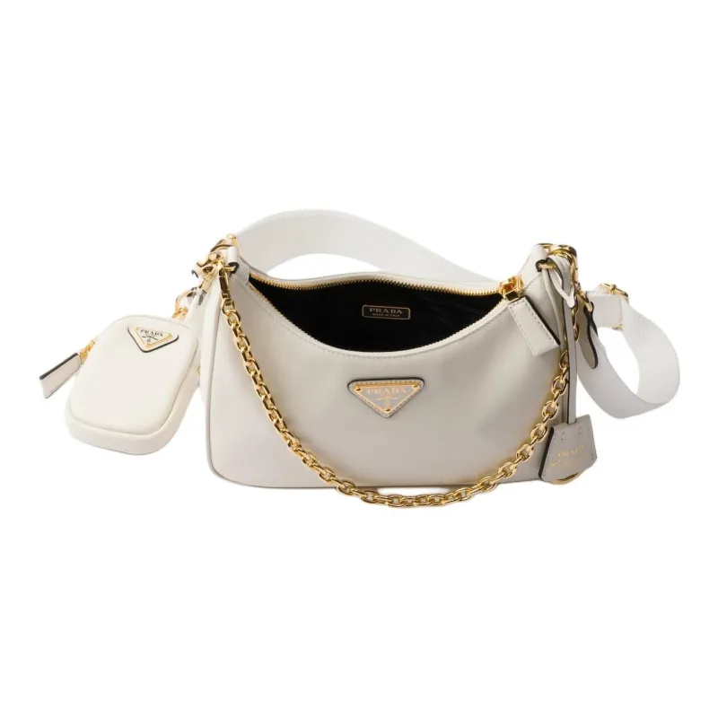 PRADA Leather Crescent Bag, Portable Crossbody Bag, Shoulder Bag Mini Women's White-3