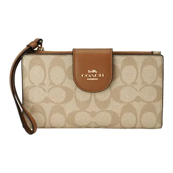 COACH Tech Wallet Coated Canvas With Smooth Leather Clutches Card Holder Wallet Small Size Women's Khaki & Saddle