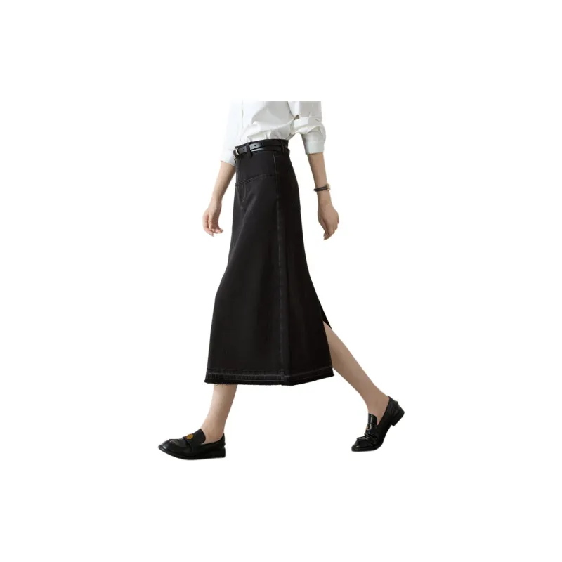 Mo Han Yi Mei Denim Long Skirts Women's Black-3