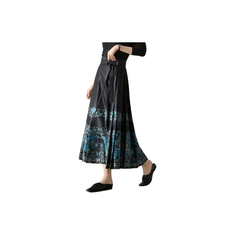Mo Han Yi Mei Casual Long Skirts Women's Navy Blue-3