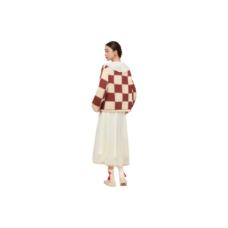 ZIHAN Knitwear Women's Beige Base Red Plaid-4