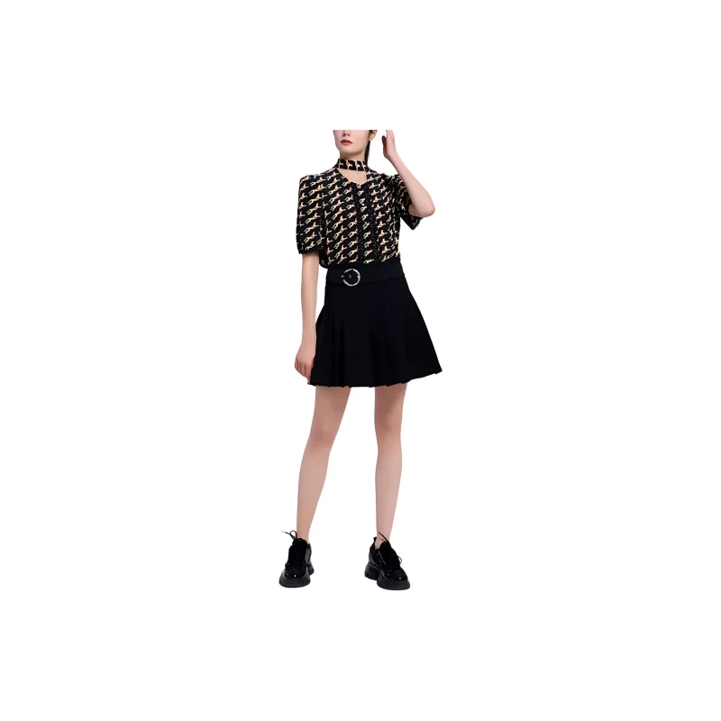 BESIONIA Animal Print Single Breasted Short Sleeved T Shirt Women's Black Pattern-2