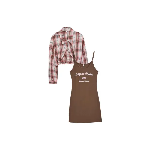 Love to serve Two Piece Skirt Sets Women's Coffee And Pink Check