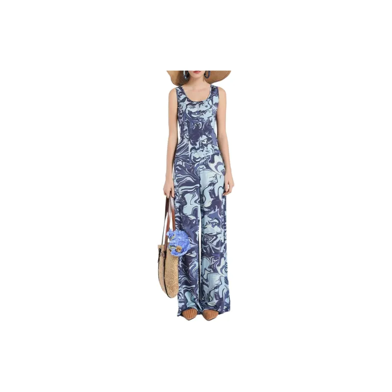 BESIONIA SS24 Casual Pants Women's Blue Pattern-1