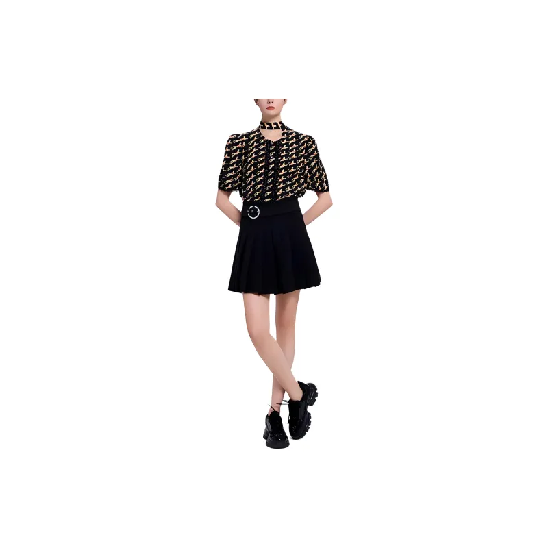 BESIONIA Animal Print Single Breasted Short Sleeved T Shirt Women's Black Pattern-1