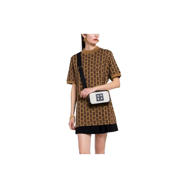 BESIONIA Crew Neck Pullover With Letter Print Short Sleeved T Shirt Women's Khaki-1