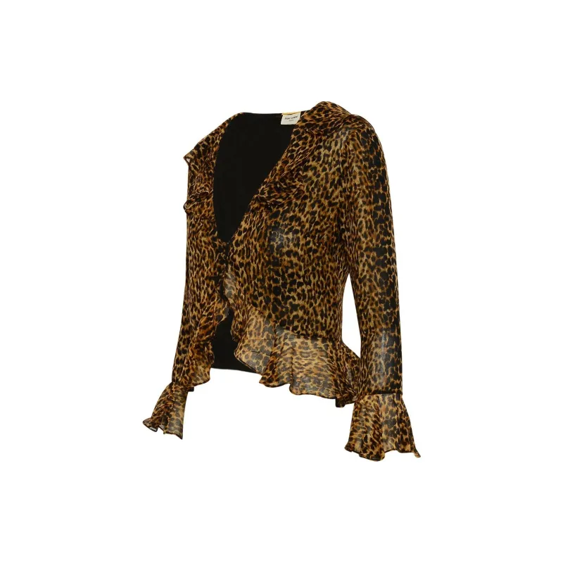 SAINT LAURENT Leopard Printed V Neck Blouse-2