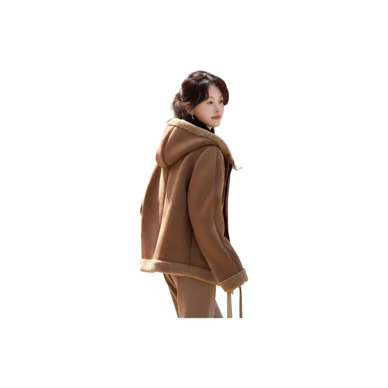 Mo Han Yi Mei Cropped Coats Women's Apricot Coffee-3