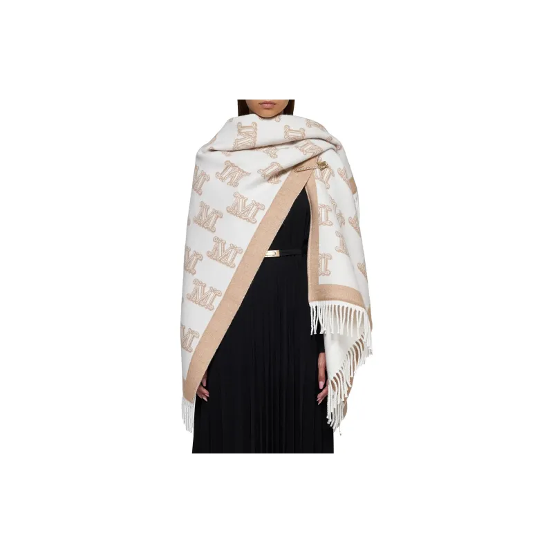 MaxMara Studio All Over Logo Patterned Fringed Edge Cape-3