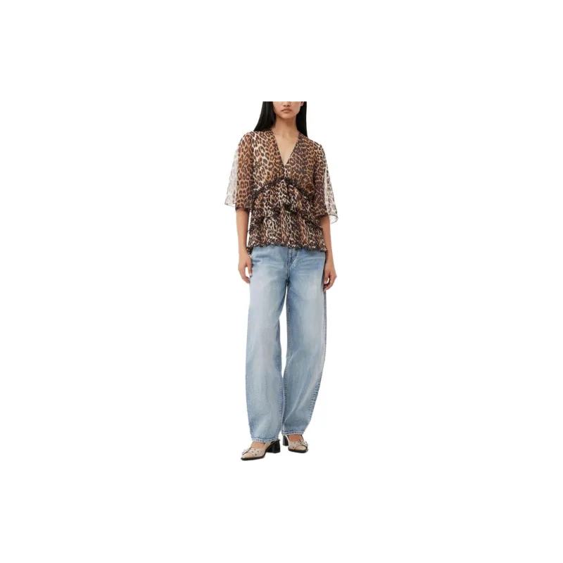 GANNI Leopard Printed Pleated V Neck Blouse-2