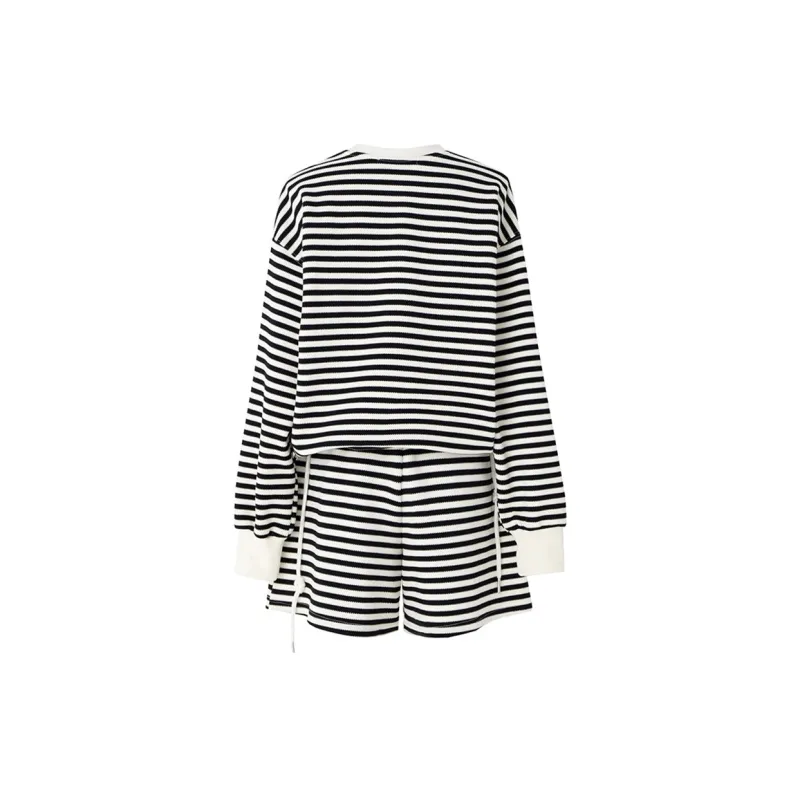 SOON FLOWER Casual Suit Women's Black Beige Stripes-1