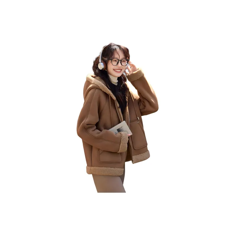 Mo Han Yi Mei Cropped Coats Women's Apricot Coffee-1