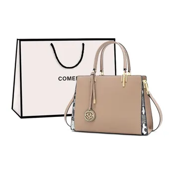 COMELY Cow Leather Patchwork Synthetic Leather Handbag Shoulder Bag Crossbody Bag Mom Bag Medium Size Women's Apricot