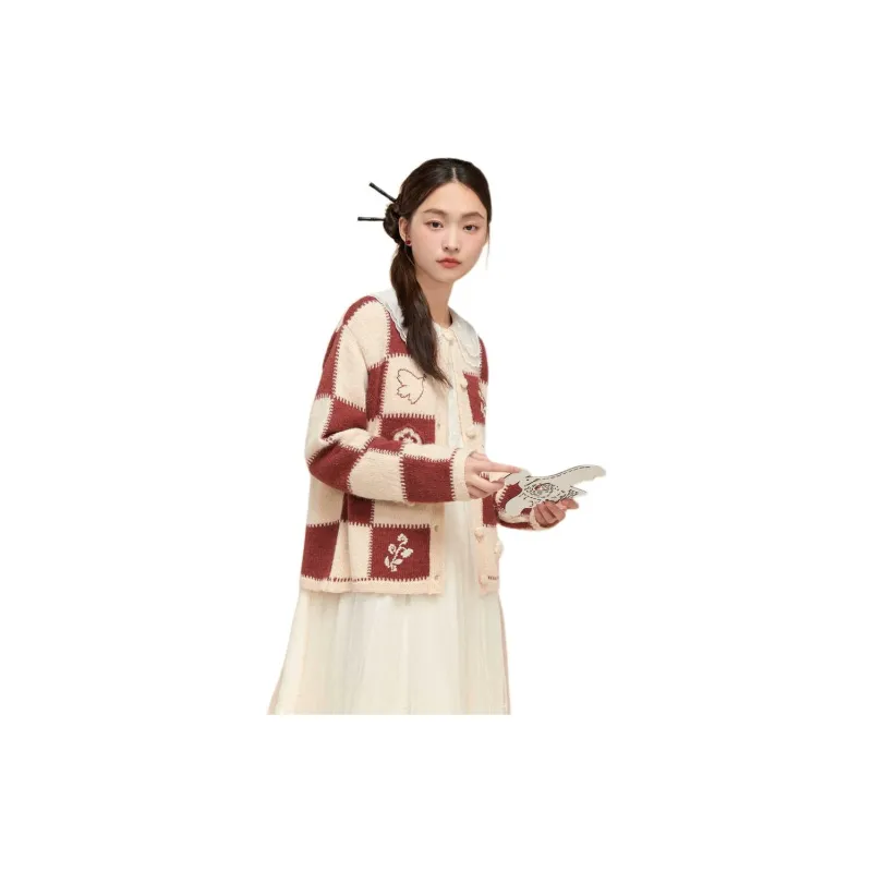 ZIHAN Knitwear Women's Beige Base Red Plaid-2
