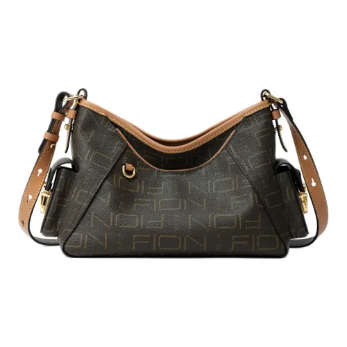 FION Coated Canvas Shoulder Bag Medium Size Women's Coffee/Camel
