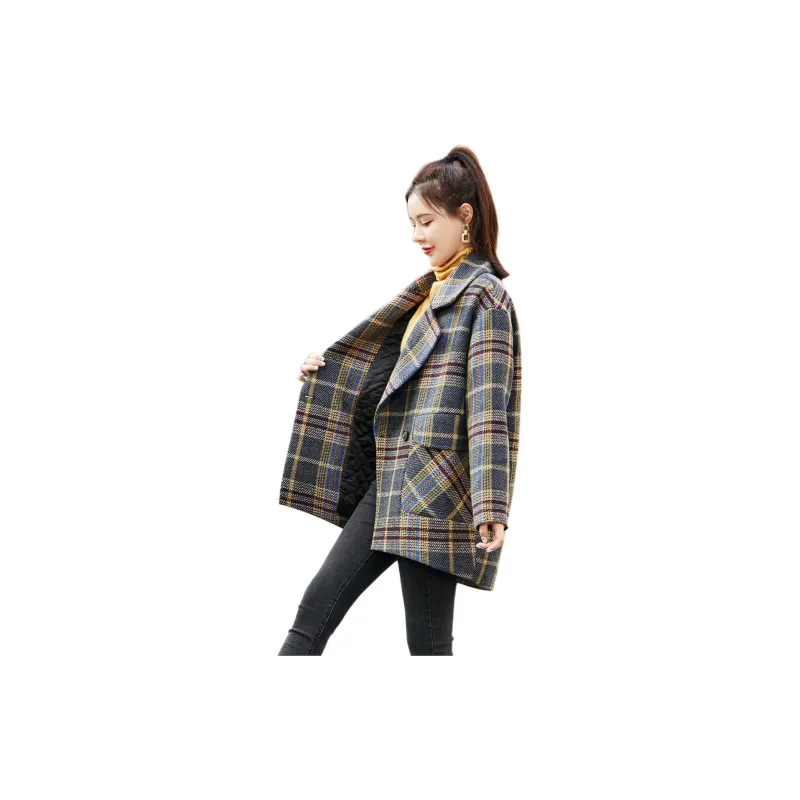 Mo Han Yi Mei Coats Women's Gray Plaid-1