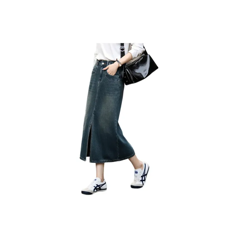 Mo Han Yi Mei Denim Long Skirts Women's Blue-2