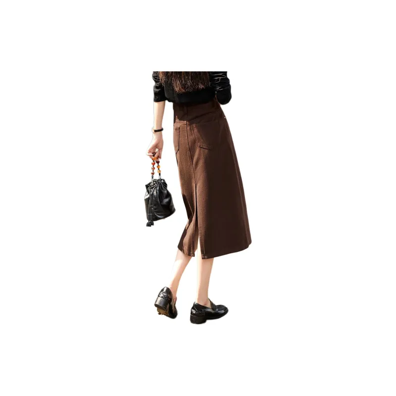 Mo Han Yi Mei Denim Long Skirt Women's Coffee-2