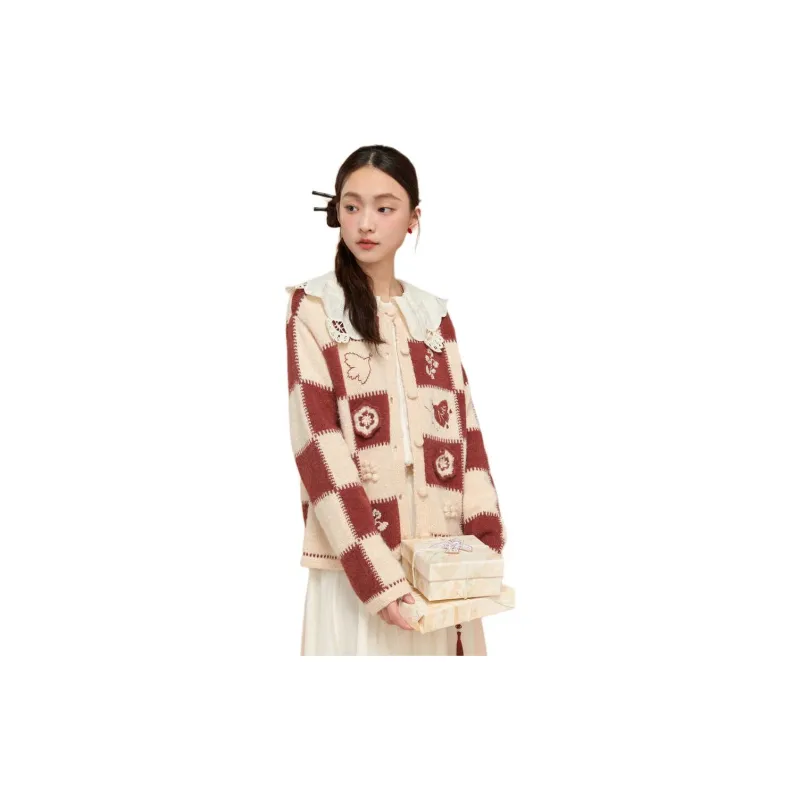 ZIHAN Knitwear Women's Beige Base Red Plaid-1
