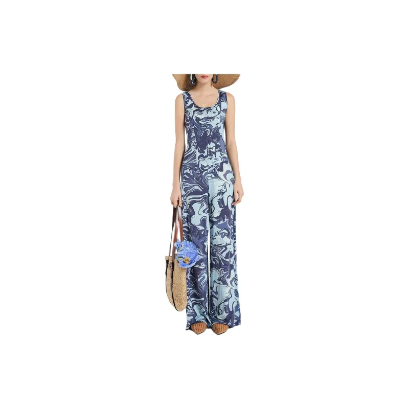 BESIONIA SS24 Casual Pants Women's Blue Pattern-2