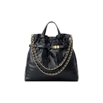 FION Cow Leather With Metal Parts One Shoulder Handbags Large Size Women's Black