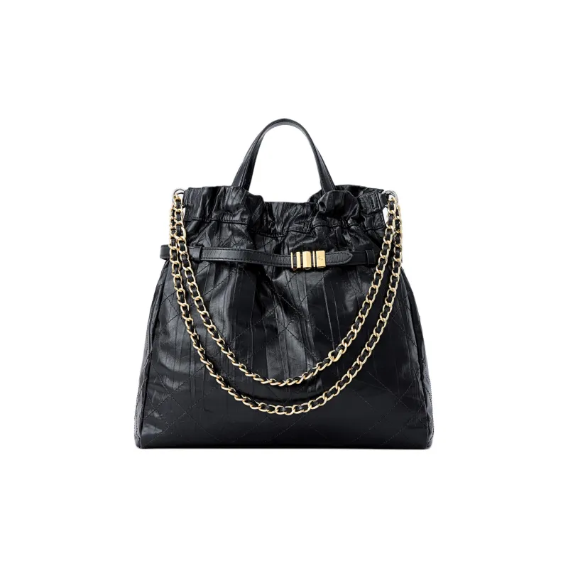FION Cow Leather & Metal Parts One Shoulder Handbag Tubas Women's Black-0