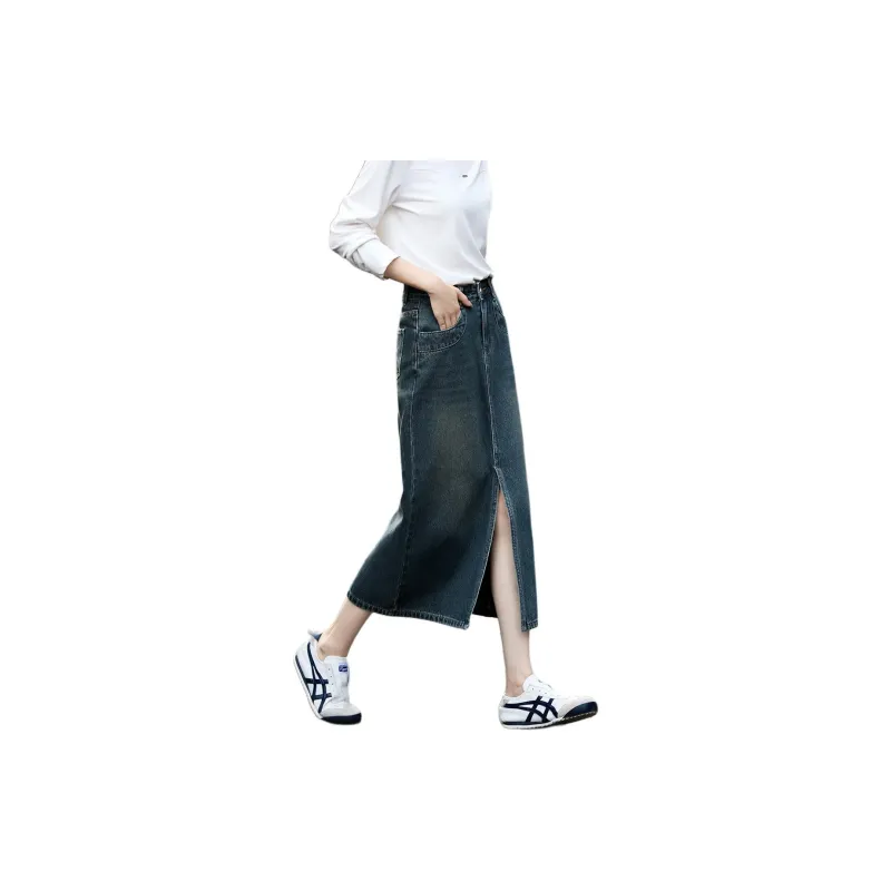 Mo Han Yi Mei Denim Long Skirts Women's Blue-3