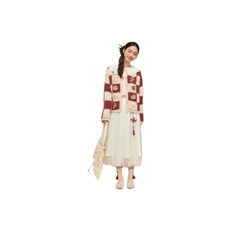 ZIHAN Knitwear Women's Beige Base Red Plaid-3