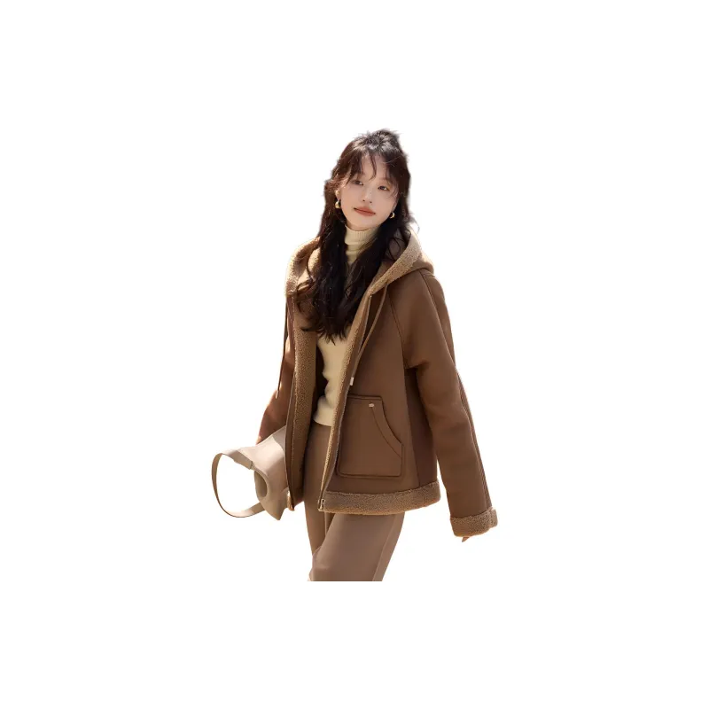 Mo Han Yi Mei Cropped Coats Women's Apricot Coffee-2