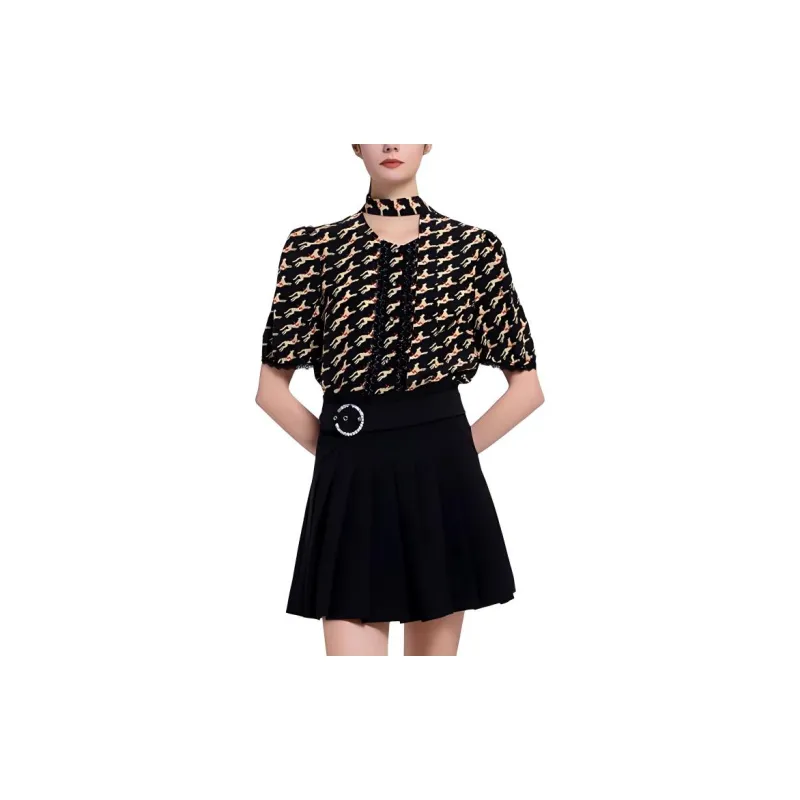 BESIONIA Animal Print Single Breasted Short Sleeved T Shirt Women's Black Pattern-3