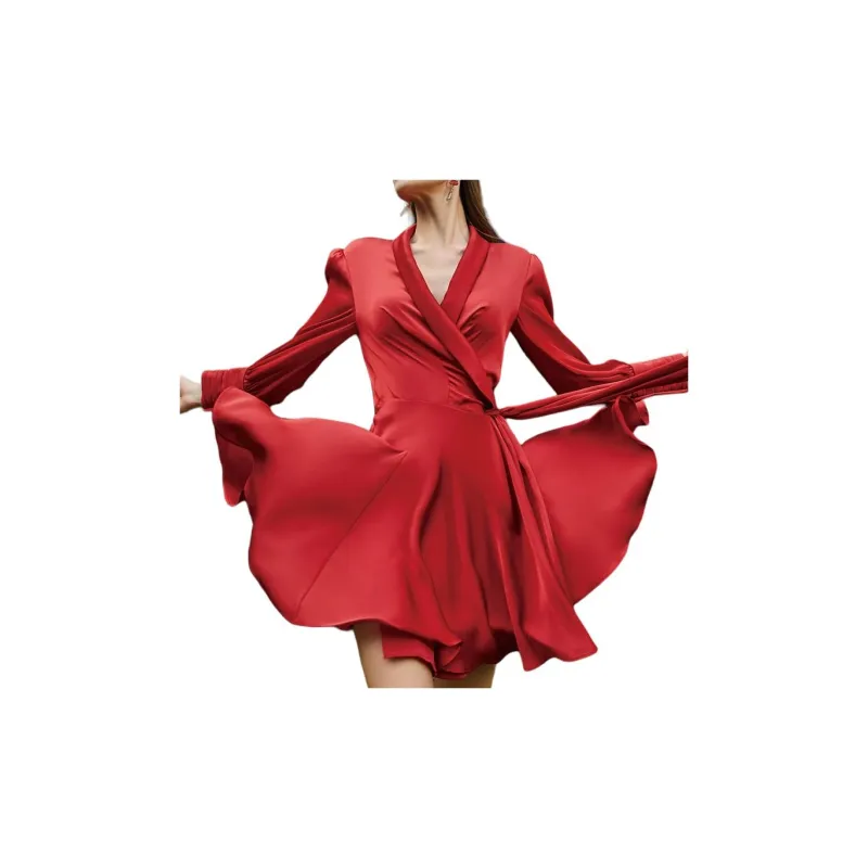 BESIONIA Long Sleeved Dresses Women's Red-2