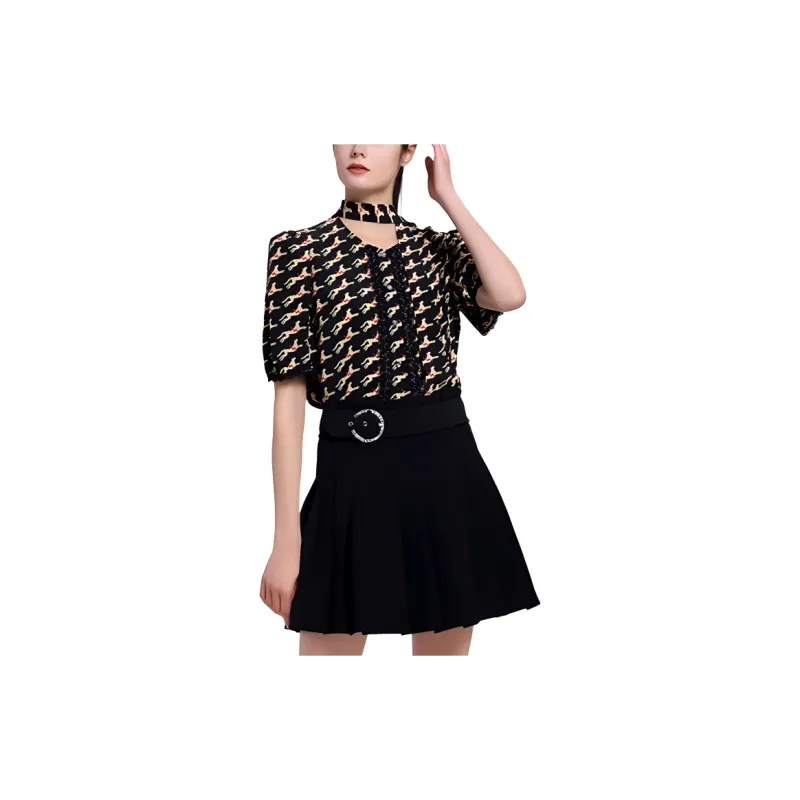 BESIONIA Animal Print Single Breasted Short Sleeved T Shirt Women's Black Pattern-4