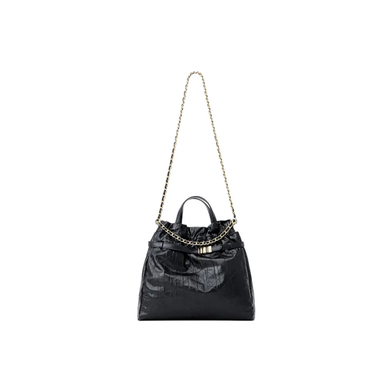 FION Cow Leather & Metal Parts One Shoulder Handbag Tubas Women's Black-4