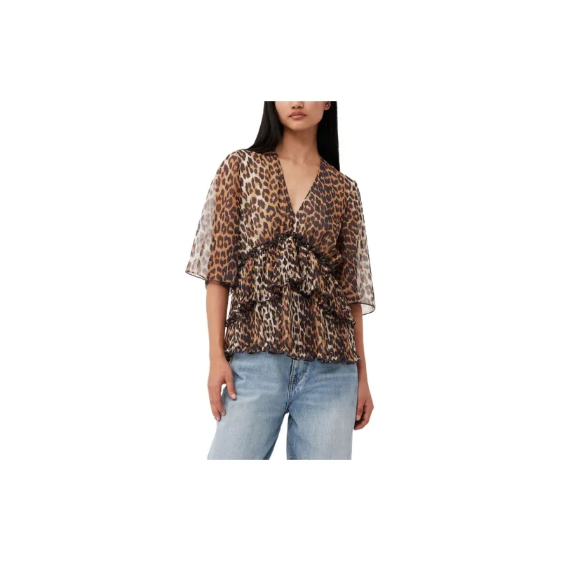 GANNI Leopard Printed Pleated V Neck Blouse-5