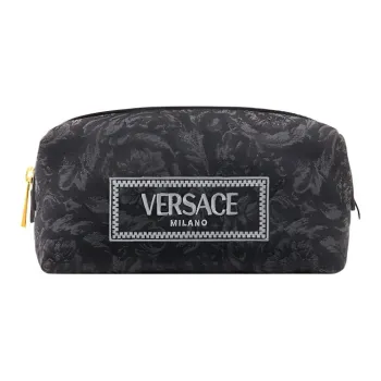 VERSACE Barocco Jacquard Fabric Canvas With Leather Makeup Bag Women's Black