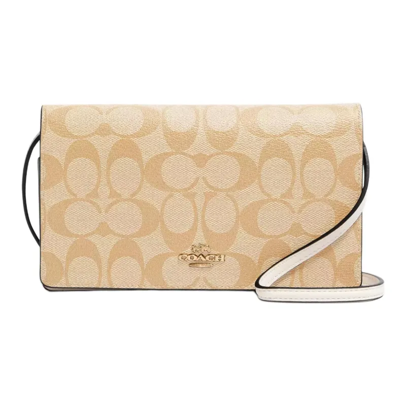 COACH Anna Monogram Canvas With Leather Crossbody Bag, Shoulder Bag Small Size Women's Khaki & White-0