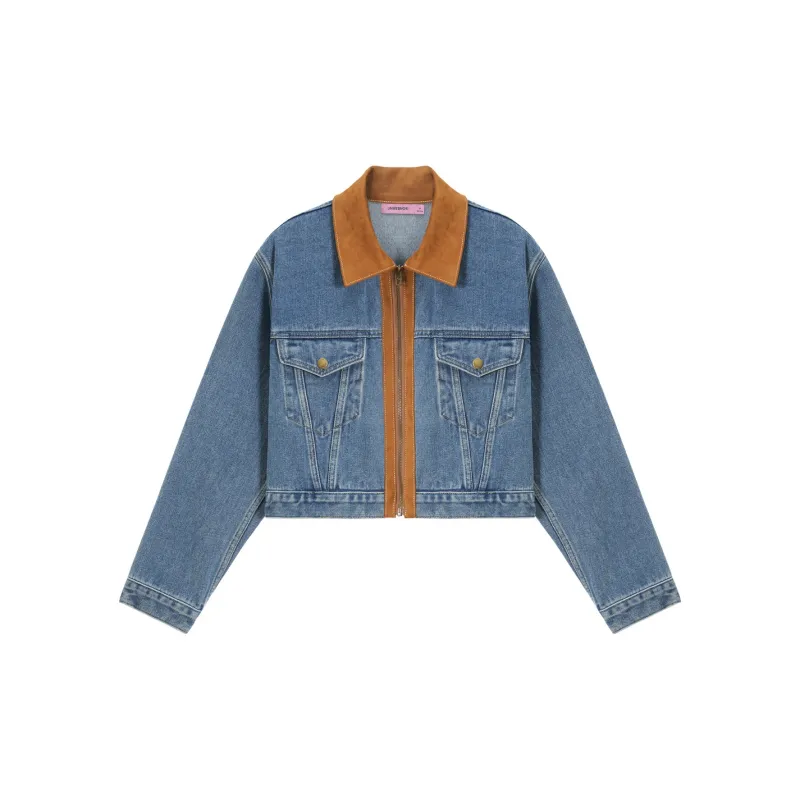 UNVESNO Jackets Women's Brown Suede & Denim Blue, Cropped-1