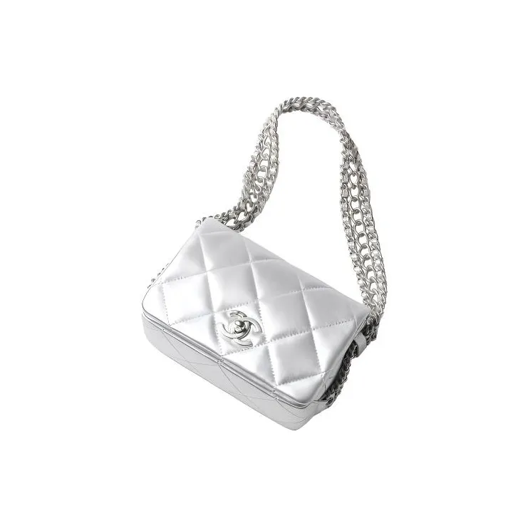 CHANEL Lambskin Flap Bag Shoulder Bag Mini Women's Silver-2